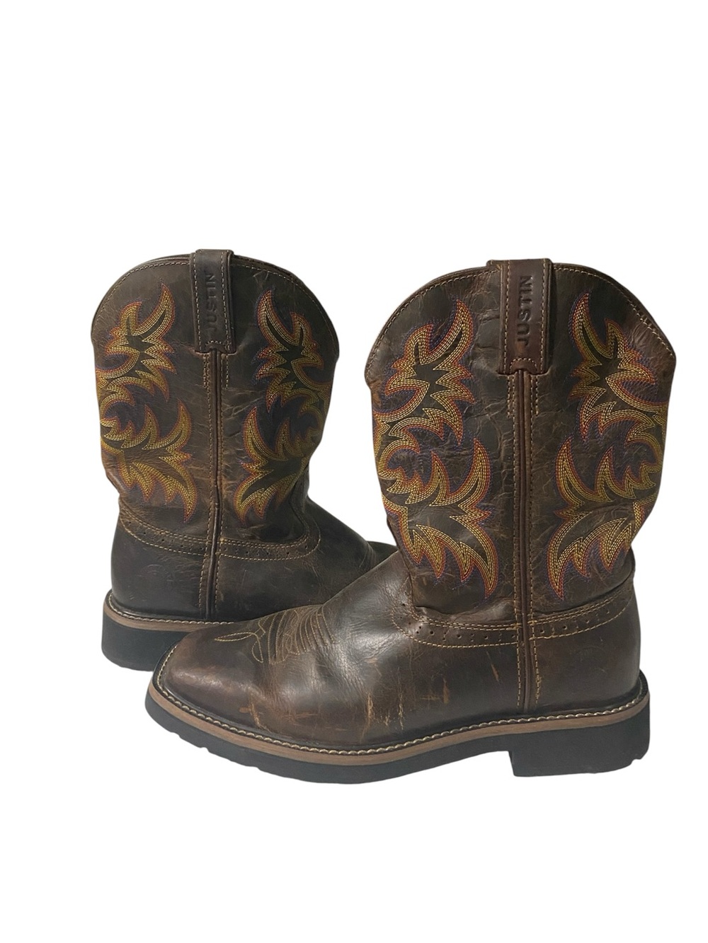 Justin Boots Brown Leather Western Work Boots with Multicolor Stitching